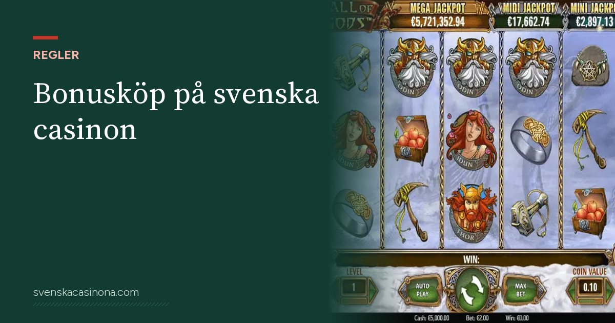 Illustration: Bonusköp på svenska casinon – med skärmbild från spelautomaten Hall of Gods